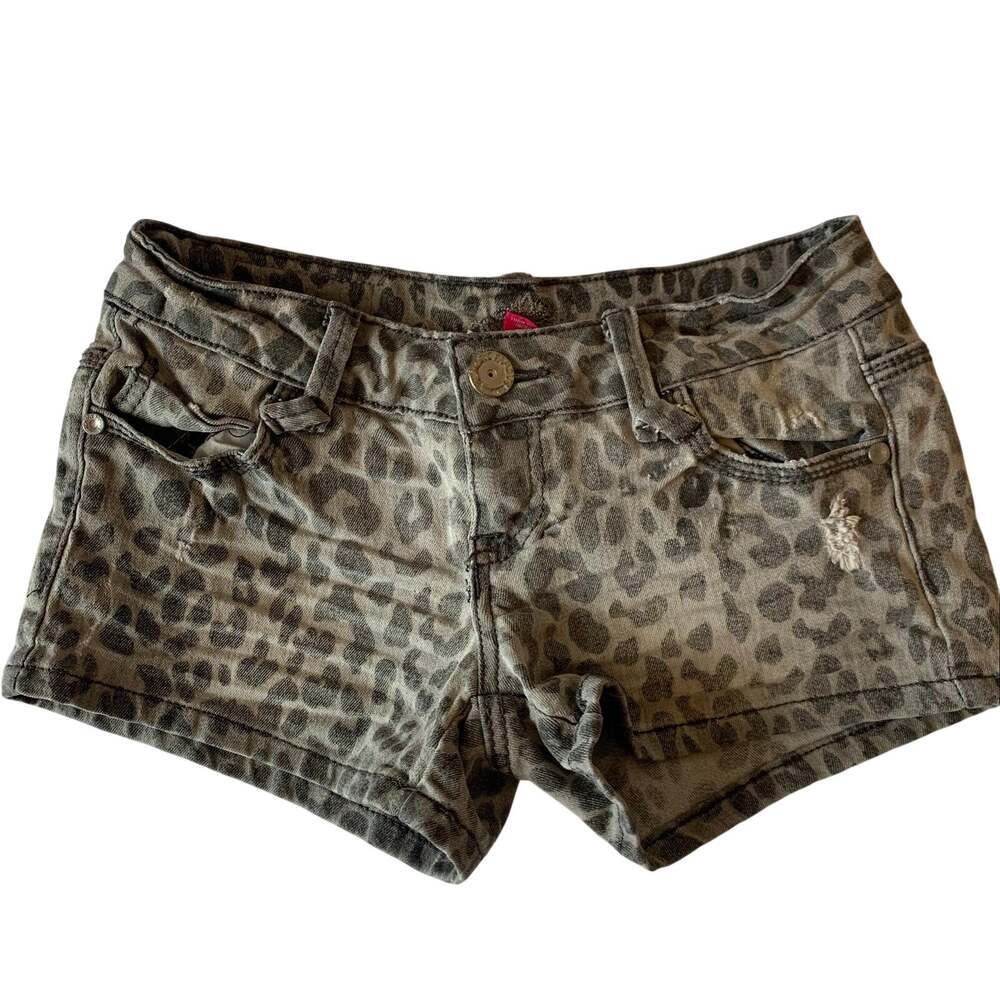 Almost Famous Juniors Sz 1 Silver Leopard Print Denim Jean Shorts 2" Inseam Y2K